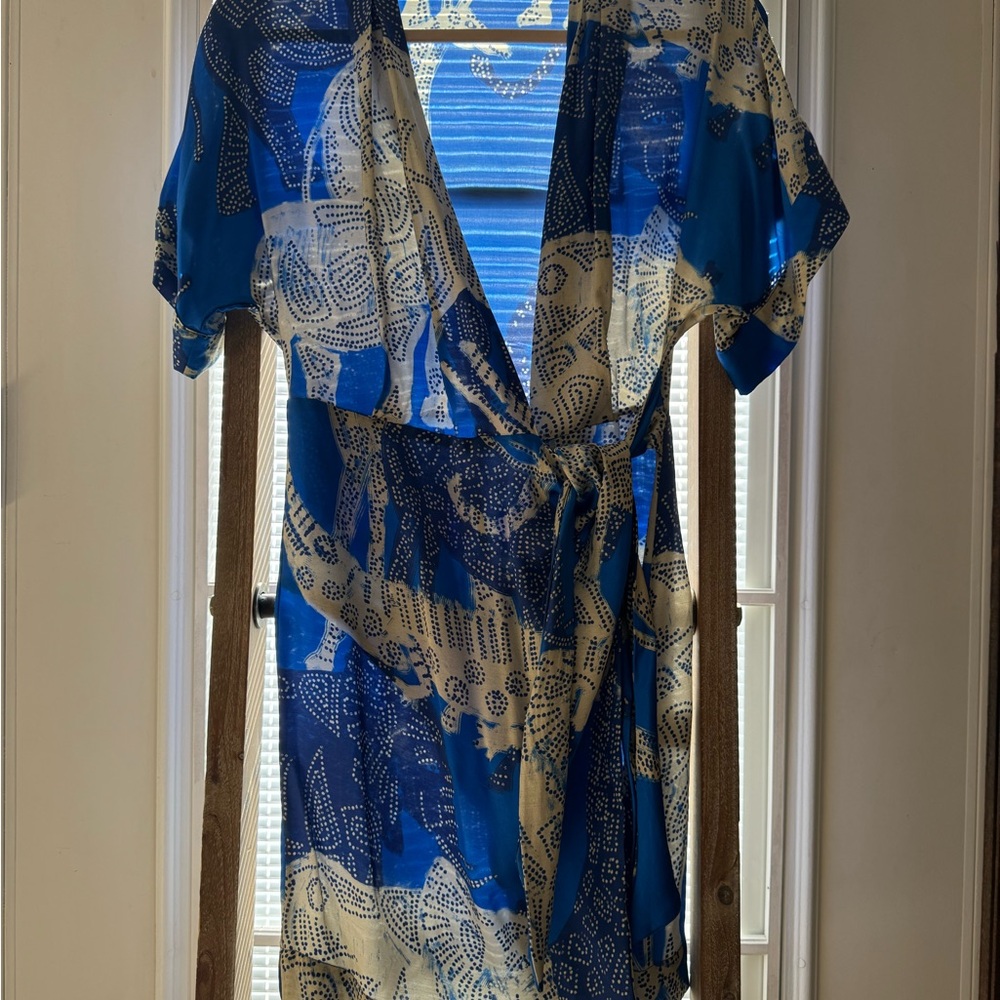 Short Blue and Cream Silk Wrap Dress